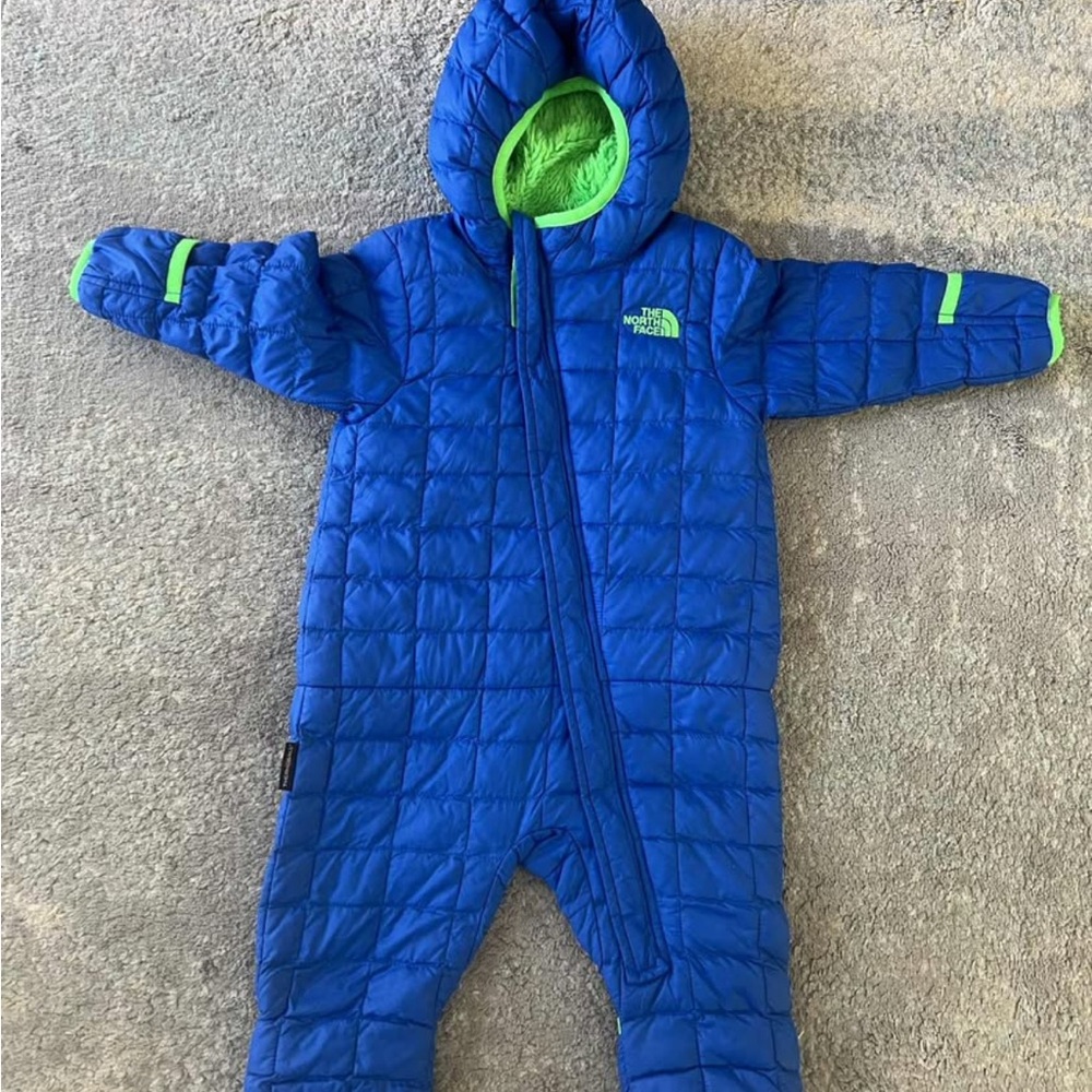 The North Face Kids Quilted Blue and Lime Footie 6-12 months